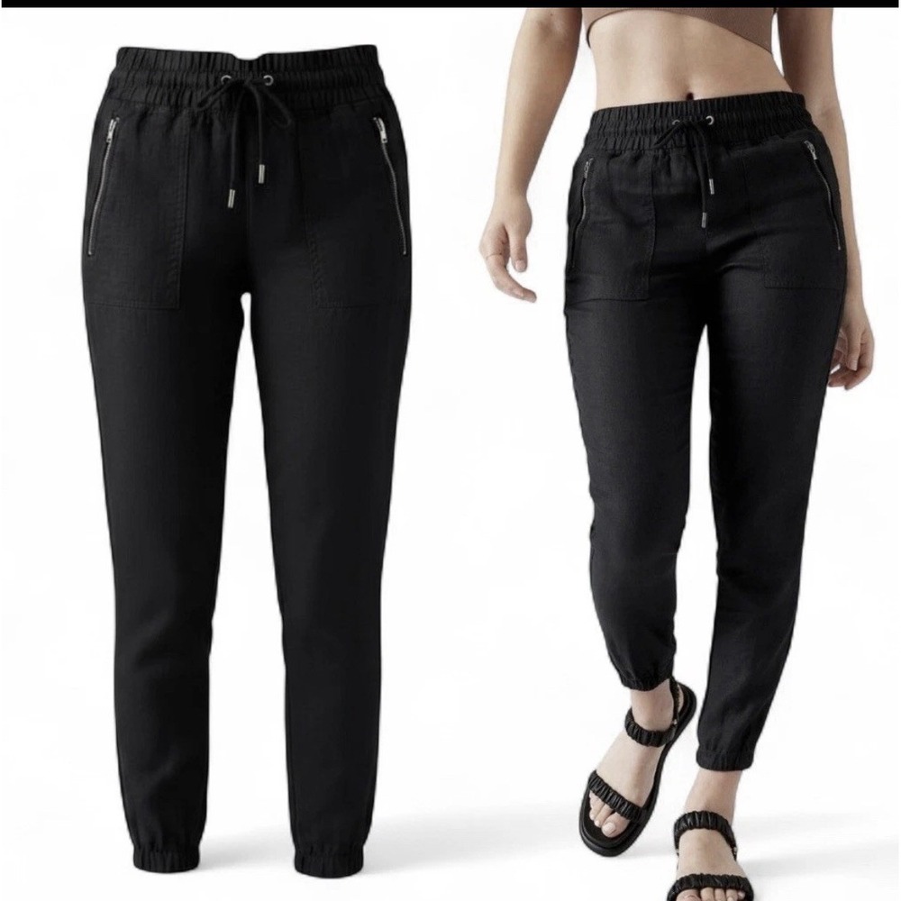 Athleta Cabo Linen Jogger Pants Black Sz 6 Pull On Elastic Waist Beach Coastal